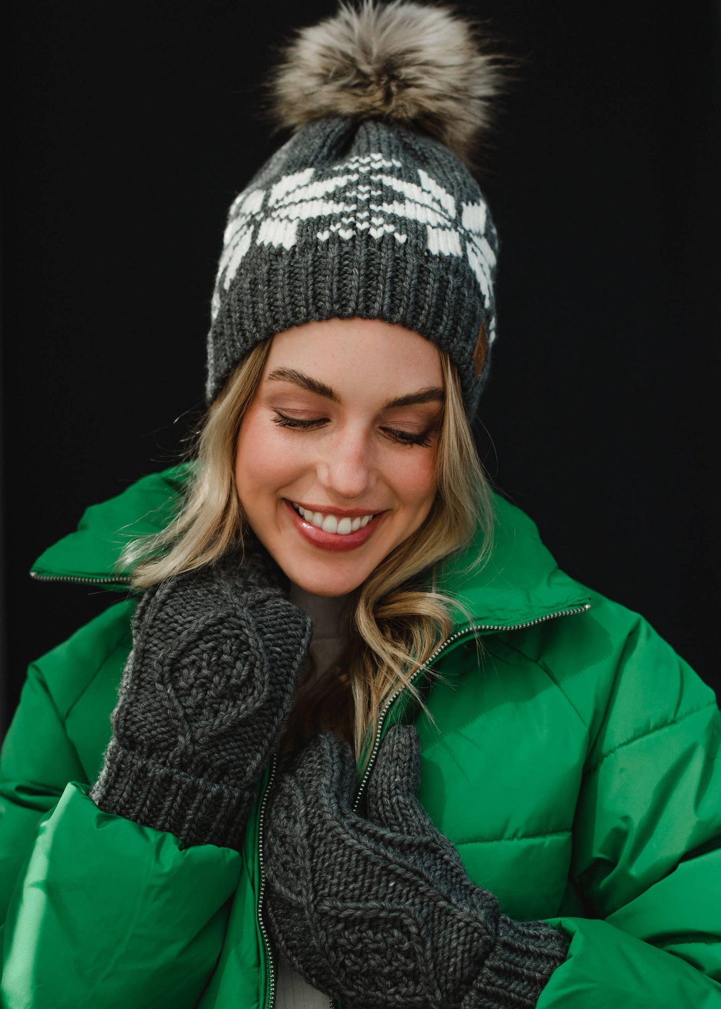 Gray & White Snowflake Pom Hat