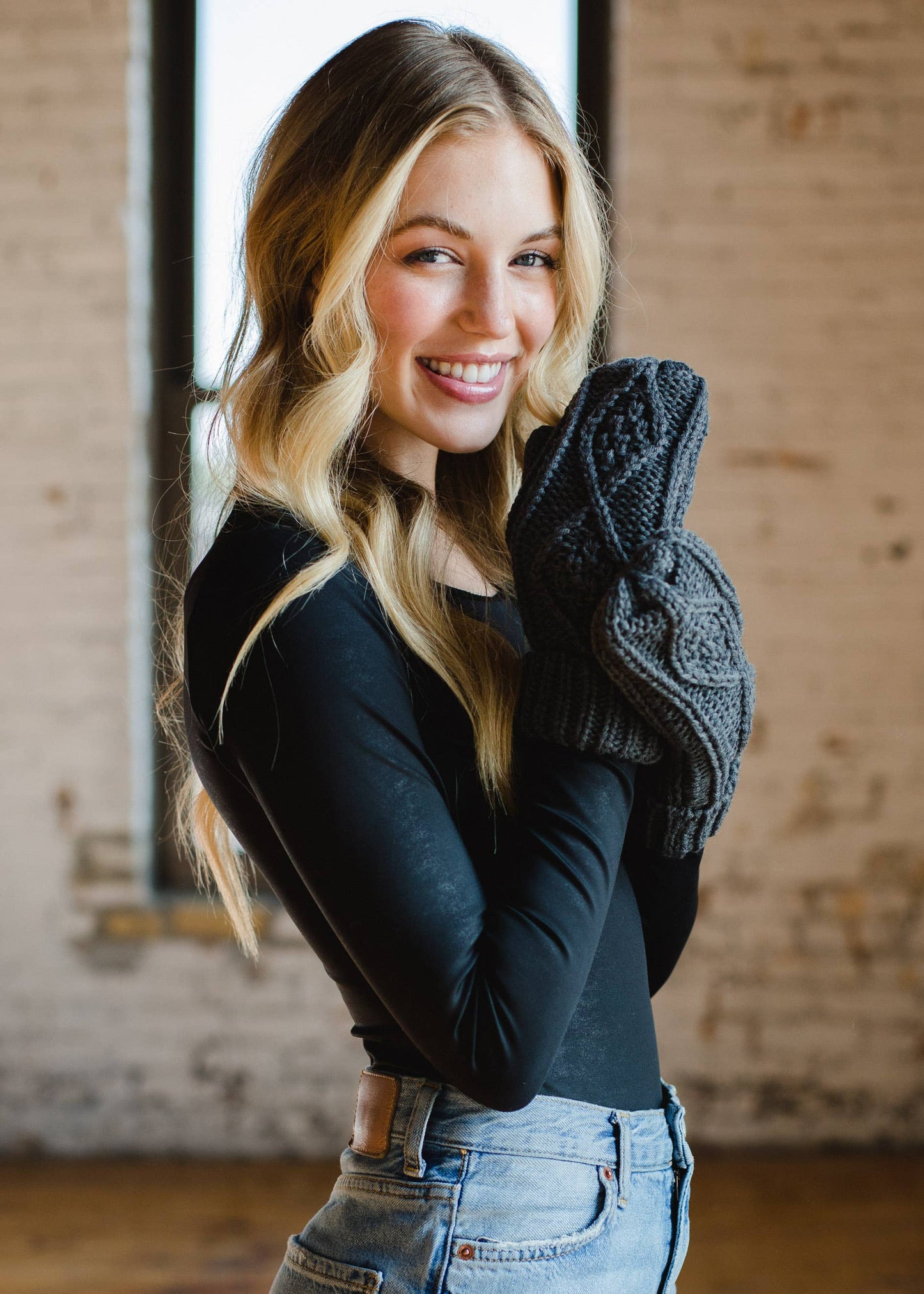 Dark Gray Cable Knit Mittens