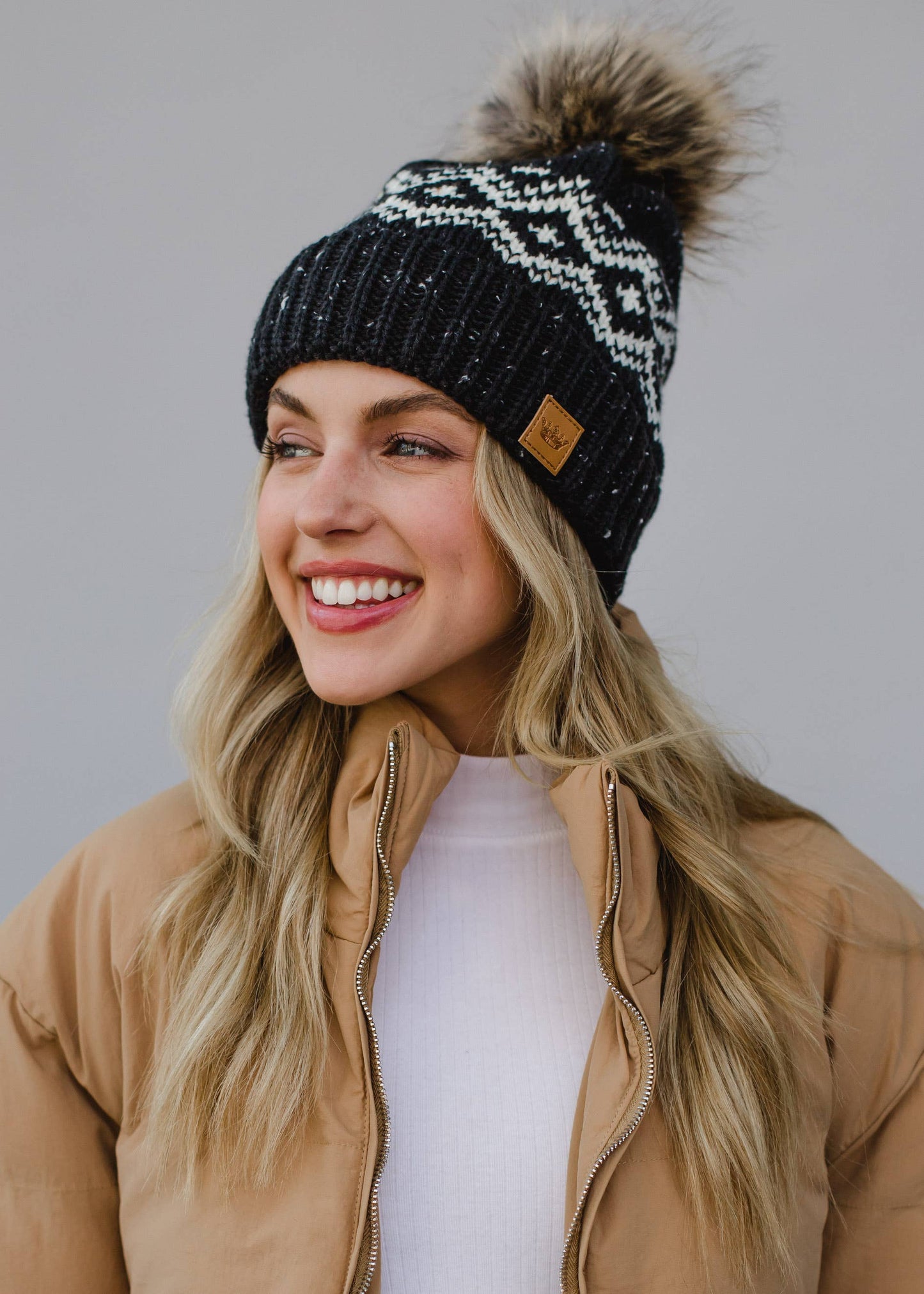 Charcoal & White Speckled Pattern Pom Hat