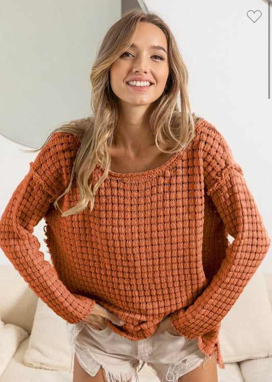 Rust Raw Edge Knit Top