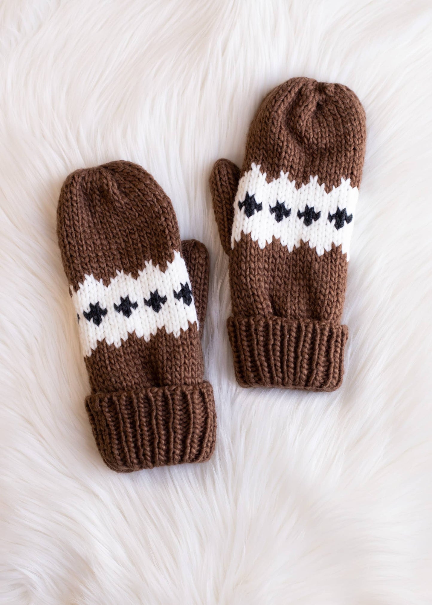 Brown Patterned Knit Mittens