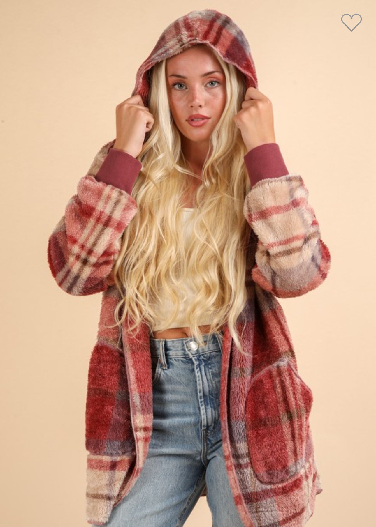 Fuzzy Plaid Hooded Jacket