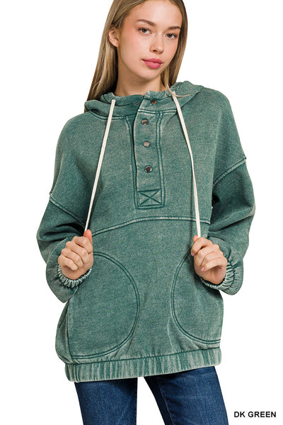 Dark Green Acid Wash Pocket Hoodie