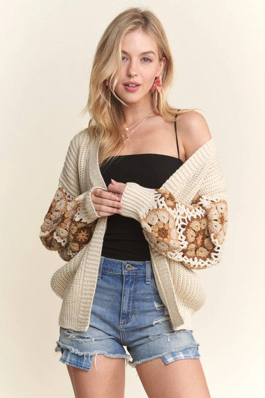 Beige Crochet Puff Cardigan