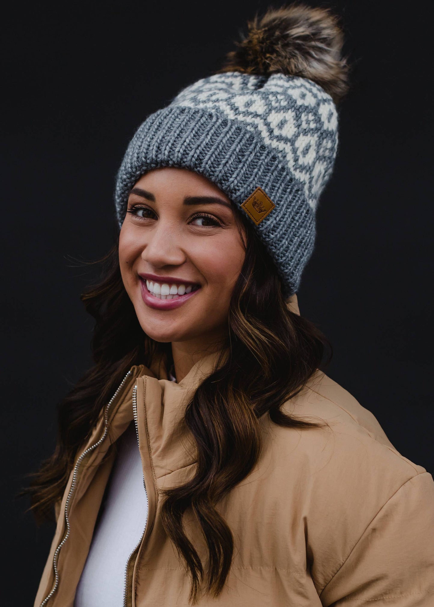 Grey & Cream Pattern Pom Hat